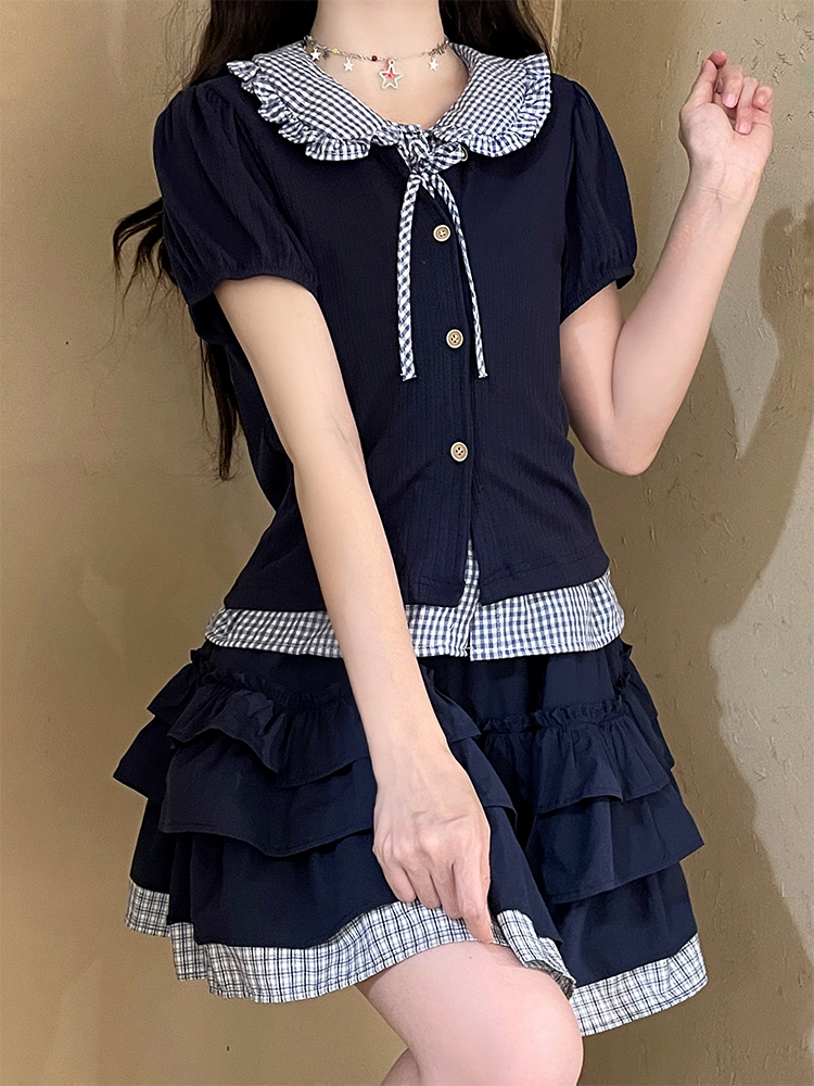 Preppy Two-Piece Summer Set for Women Navy with Small Plaid