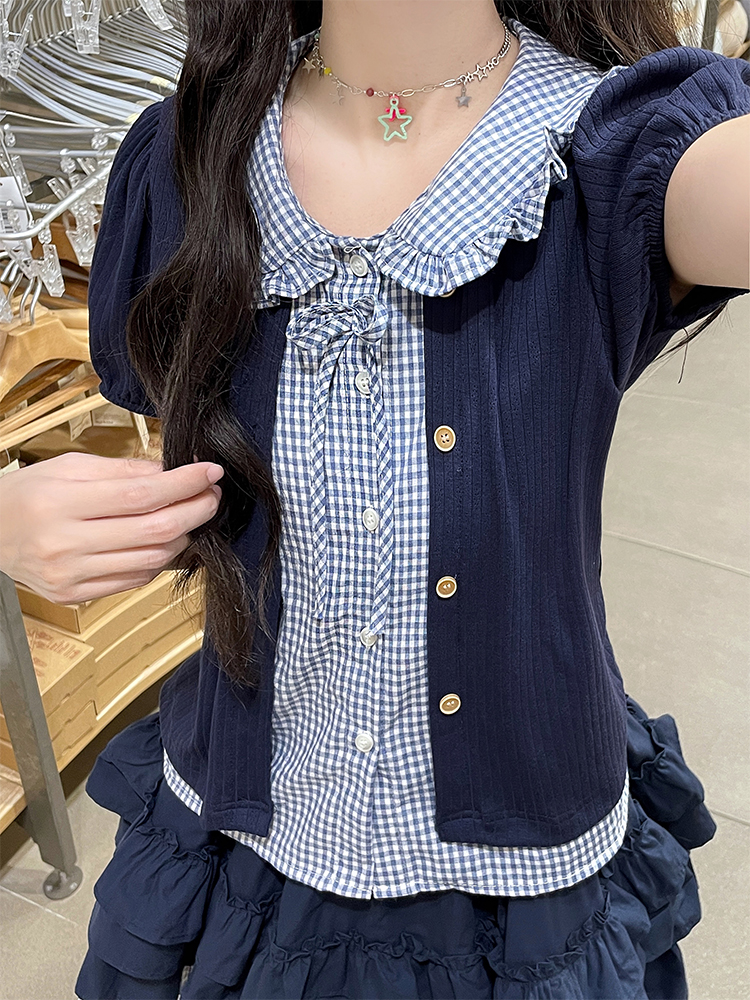 Preppy Two-Piece Summer Set for Women Navy with Small Plaid - Image 3