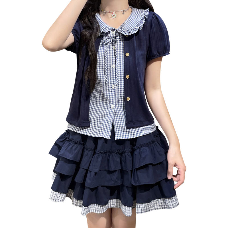 Preppy Two-Piece Summer Set for Women Navy with Small Plaid - Image 5