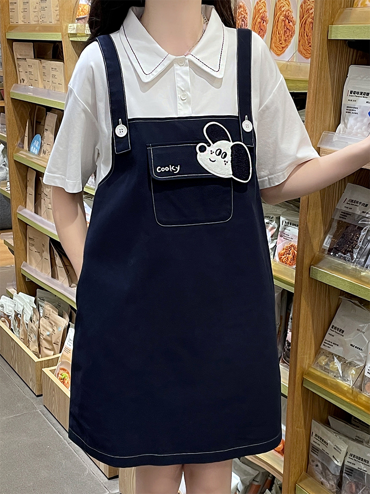 Navy Two-Piece Layered Pinafore Dress Short Sleeve A-Line Preppy Style