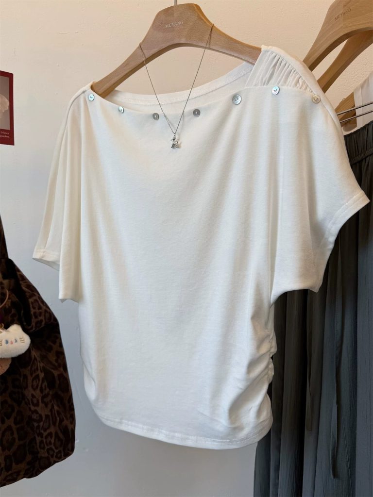 French Style White One-Shoulder Short Sleeve T-Shirt for Women