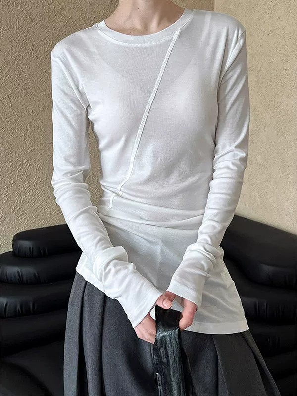 White Asymmetric French Waist-Cinched Shoulder-Padded T-Shirt Women's Spring Autumn Design Base Layer Chic Korean Long-Sleeve Top