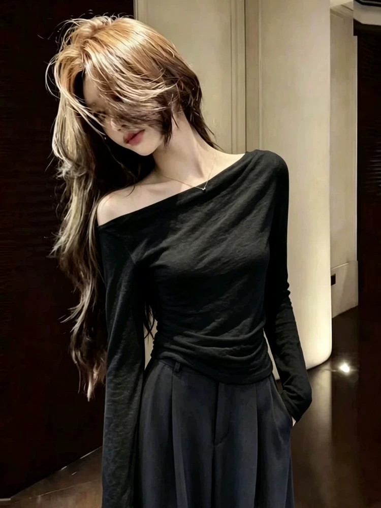 Korean One-Shoulder Long-Sleeve T-Shirt Women Summer Thin Sun Protection Top Slimming Off-Shoulder