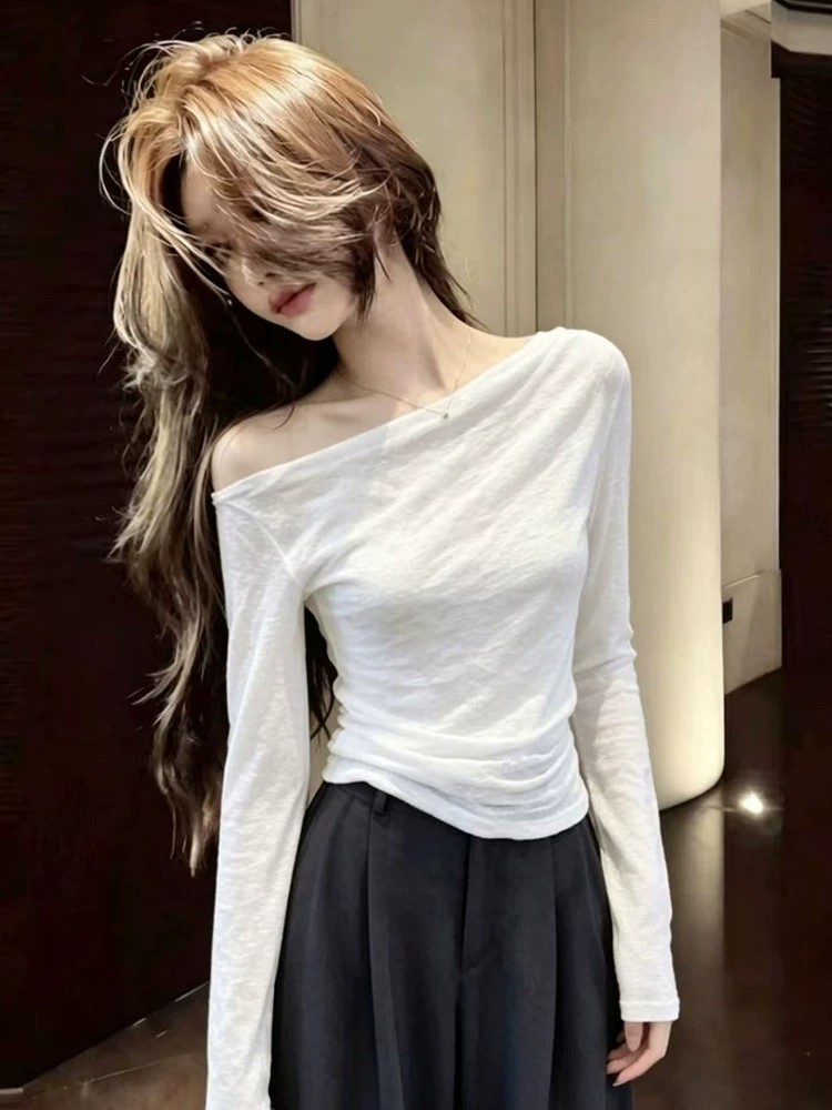 Korean One-Shoulder Long-Sleeve T-Shirt Women Summer Thin Sun Protection Top Slimming Off-Shoulder - Image 2