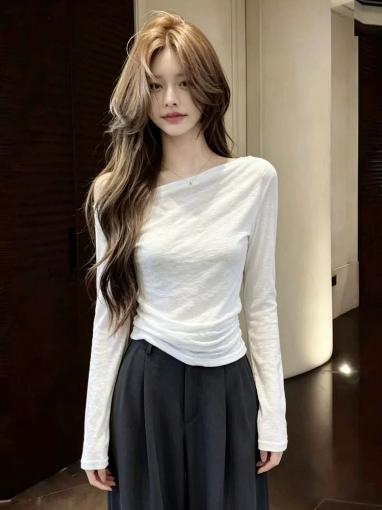 Korean One-Shoulder Long-Sleeve T-Shirt Women Summer Thin Sun Protection Top Slimming Off-Shoulder - Image 3