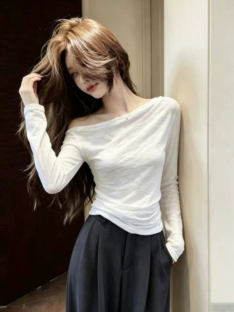 Korean One-Shoulder Long-Sleeve T-Shirt Women Summer Thin Sun Protection Top Slimming Off-Shoulder - Image 4