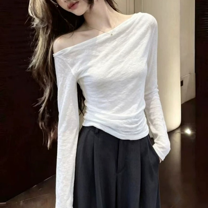 Korean One-Shoulder Long-Sleeve T-Shirt Women Summer Thin Sun Protection Top Slimming Off-Shoulder - Image 5
