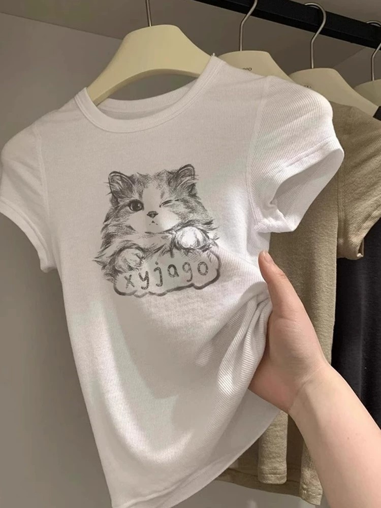 Korean Style White Cat Print Round Neck Short Sleeve T-Shirt for Women Summer Thin Preppy Slimming Regular Shoulder Top - Image 3