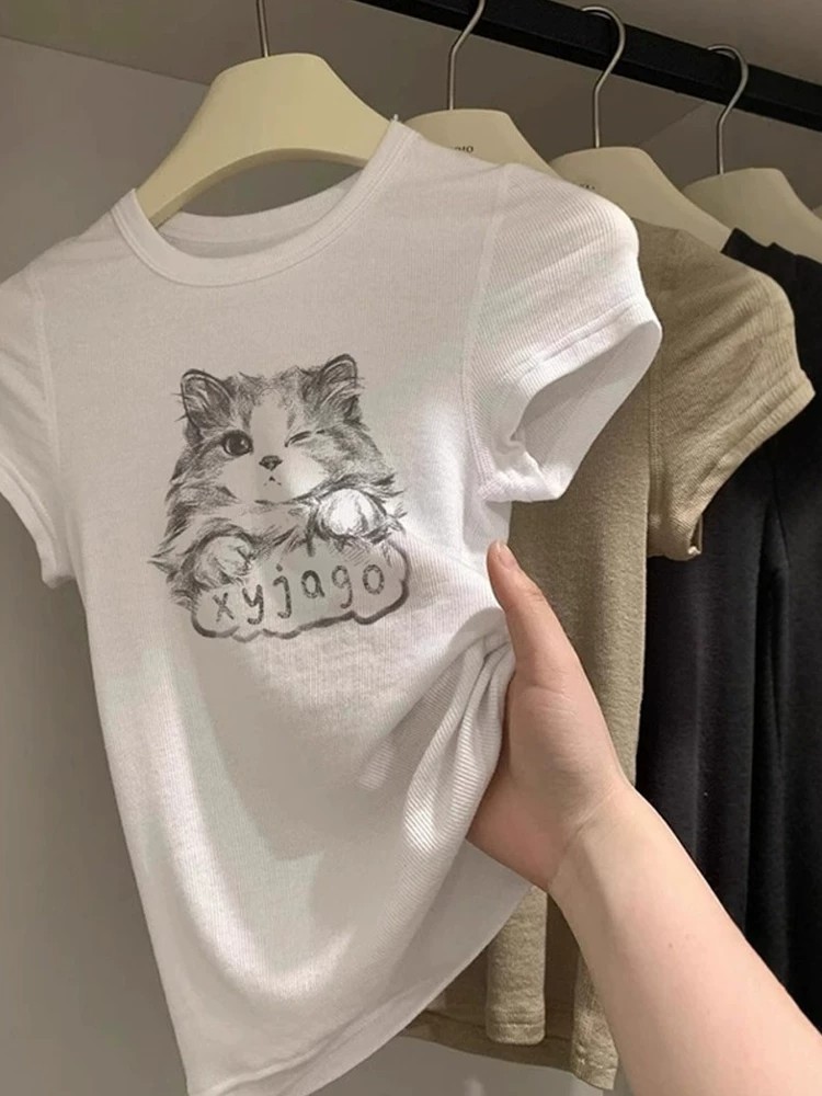 Korean Style White Cat Print Round Neck Short Sleeve T-Shirt for Women Summer Thin Preppy Slimming Regular Shoulder Top