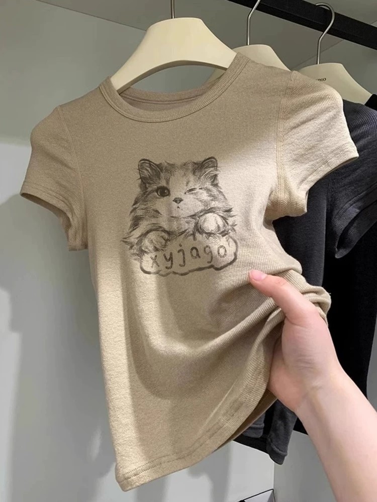 Korean Style White Cat Print Round Neck Short Sleeve T-Shirt for Women Summer Thin Preppy Slimming Regular Shoulder Top - Image 4
