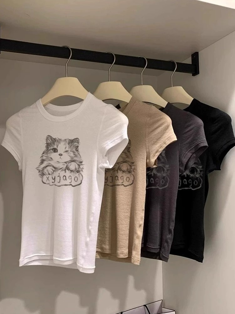 Korean Style White Cat Print Round Neck Short Sleeve T-Shirt for Women Summer Thin Preppy Slimming Regular Shoulder Top - Image 2