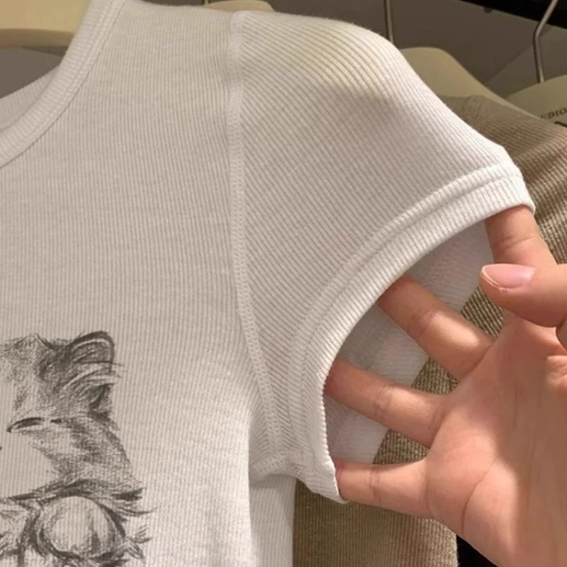 Korean Style White Cat Print Round Neck Short Sleeve T-Shirt for Women Summer Thin Preppy Slimming Regular Shoulder Top - Image 5