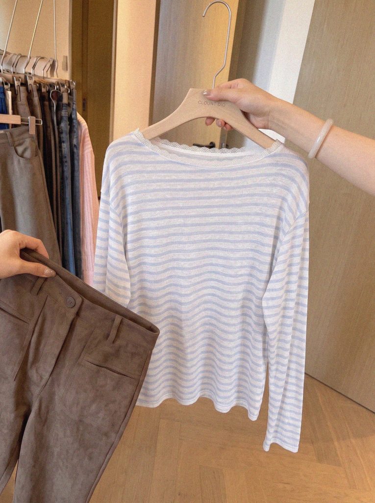 Lightweight Lace Tencel Trim One-Shoulder Striped Long-Sleeve T-Shirt Top
