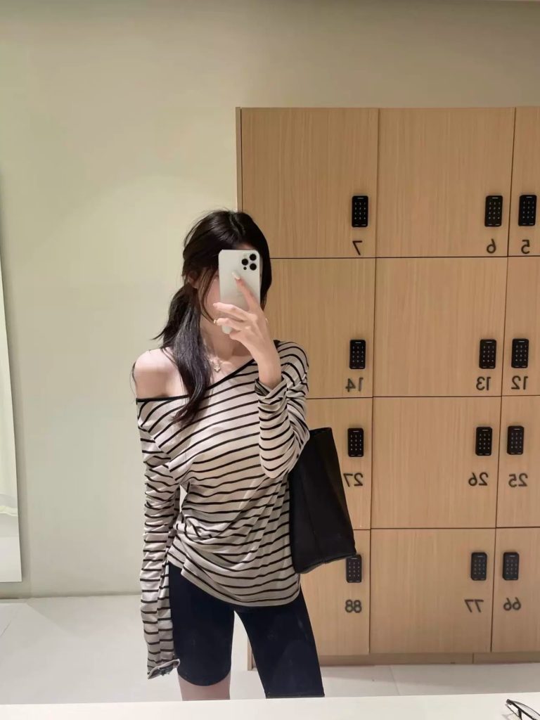 Women's Striped Cold Latte Off-Shoulder Long-Sleeve T-Shirt Summer 2026 Sun Protection Top