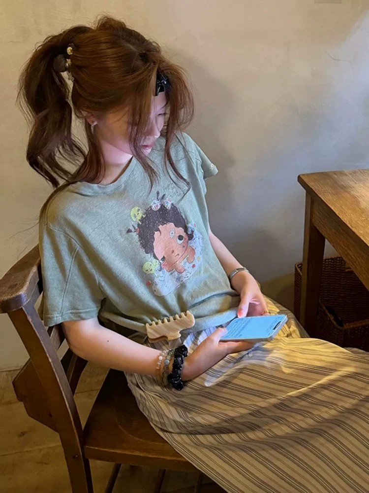Green Cartoon Print Short Sleeve T-Shirt for Women Summer Loose Casual Top