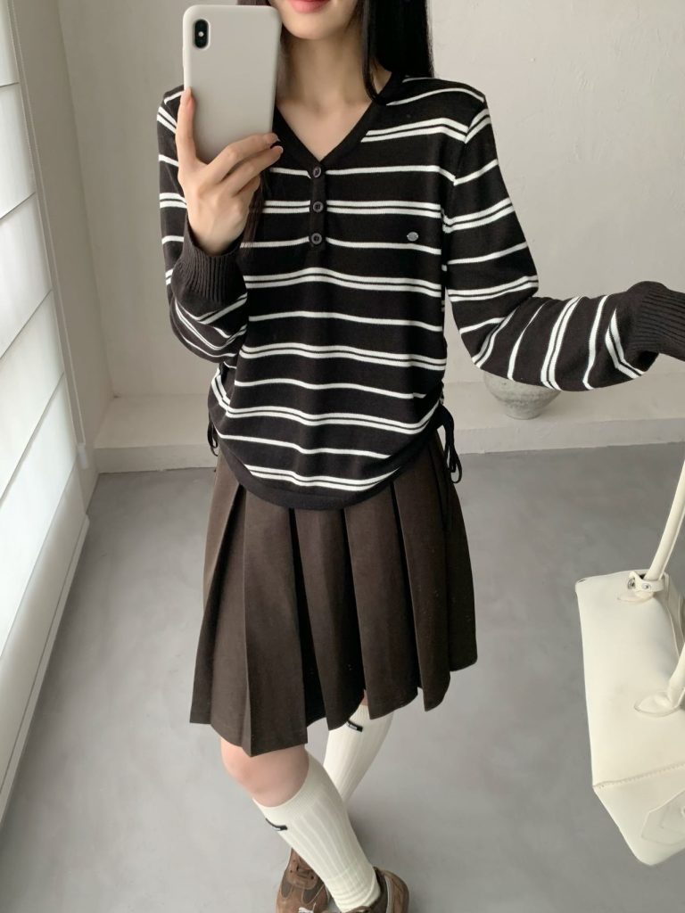 Striped V-Neck Drawstring Knit Sweater for Women 2026 Fall Winter Warm Base Layer
